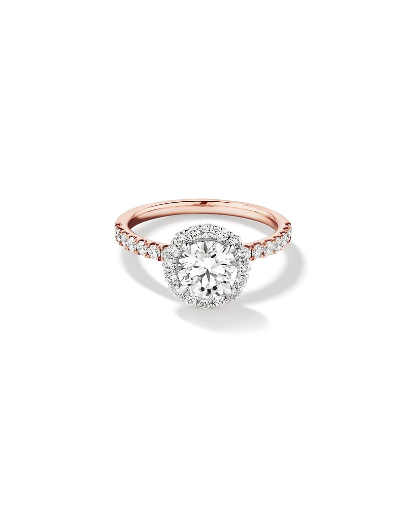 Bague ronde TW Round Brilliant Diamond Halo Engagemet de 1,79 carat en or rose et blanc 14 carats