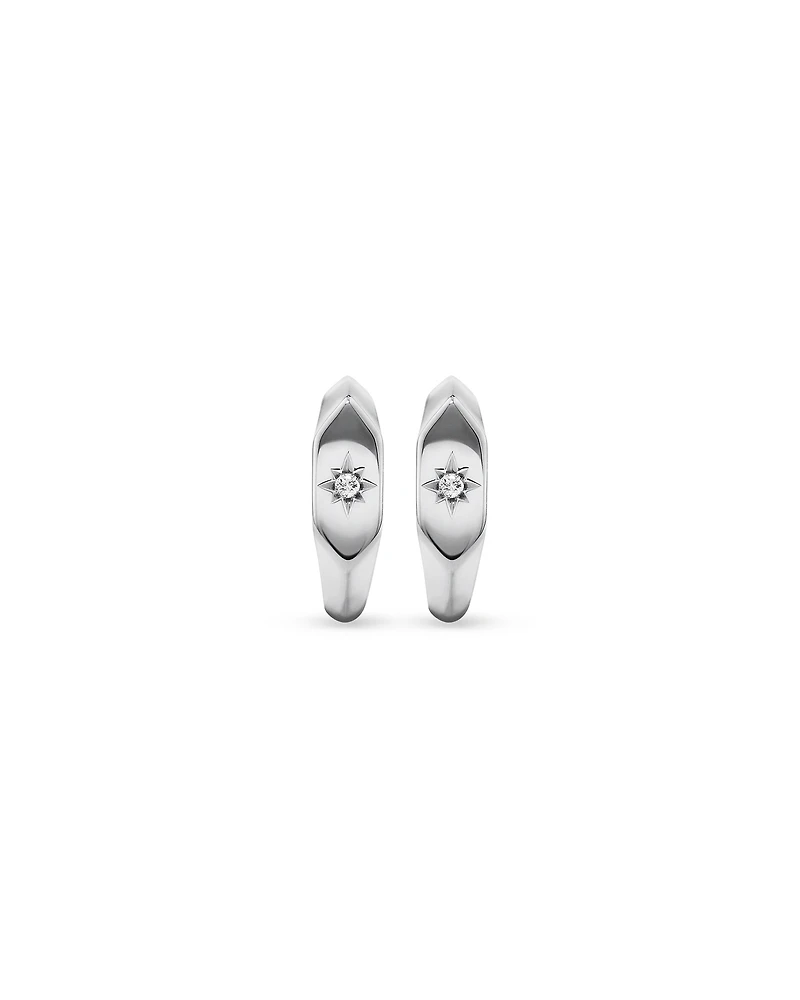 Diamond Star Accent Signet Huggie Hoop Earrings in Sterling Silver