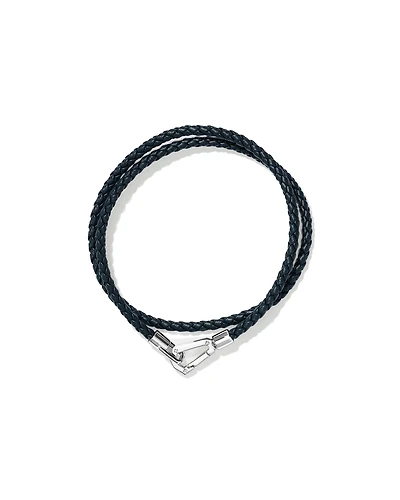 Men's Braided Leather Double Wrap Bracelet in Sterling Silver