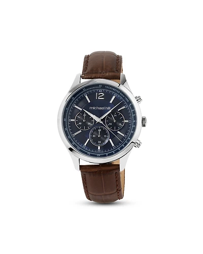 Montre chronographe en acier inoxydable et en cuir brun pour homme