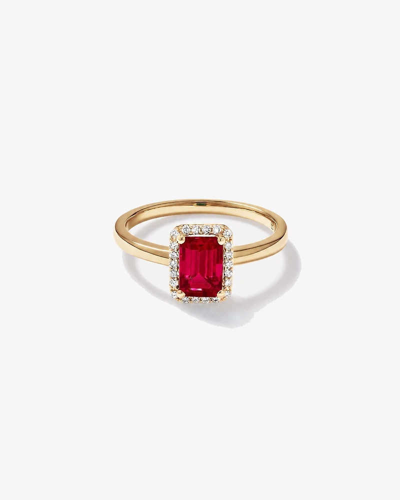 Emerald Cut Created Ruby and Diamond Halo Ring in 10kt Yellow Gold