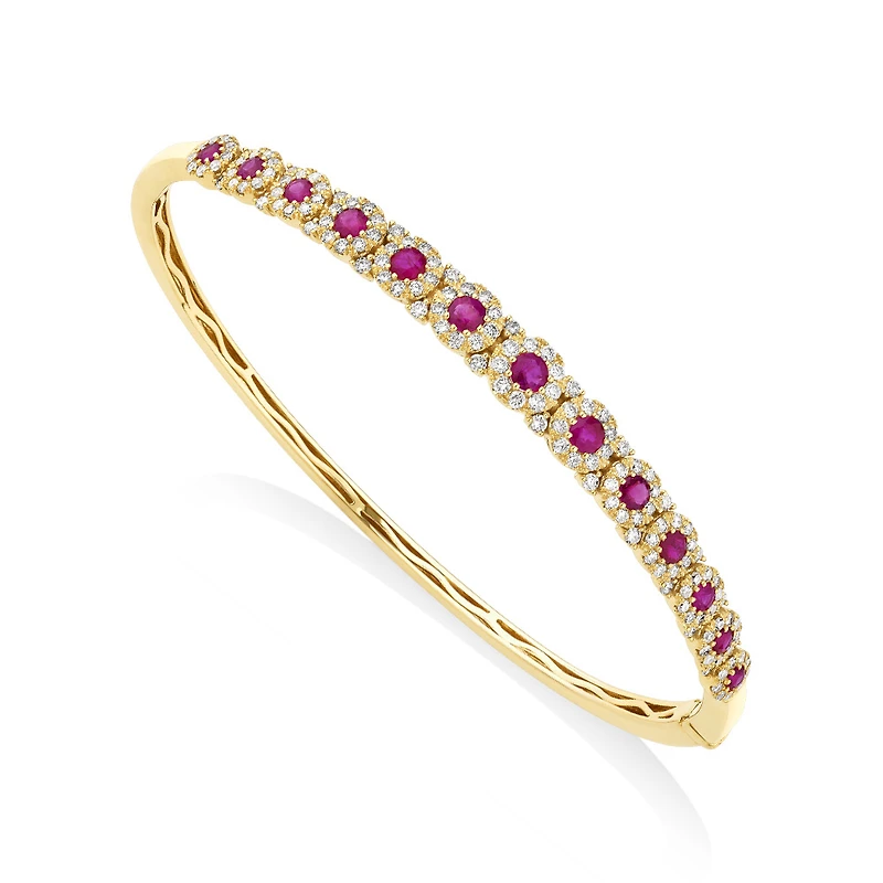 Bracelet jonc à bulles en or jaune 14 K avec rubis et diamants totalisant 1,03 ct