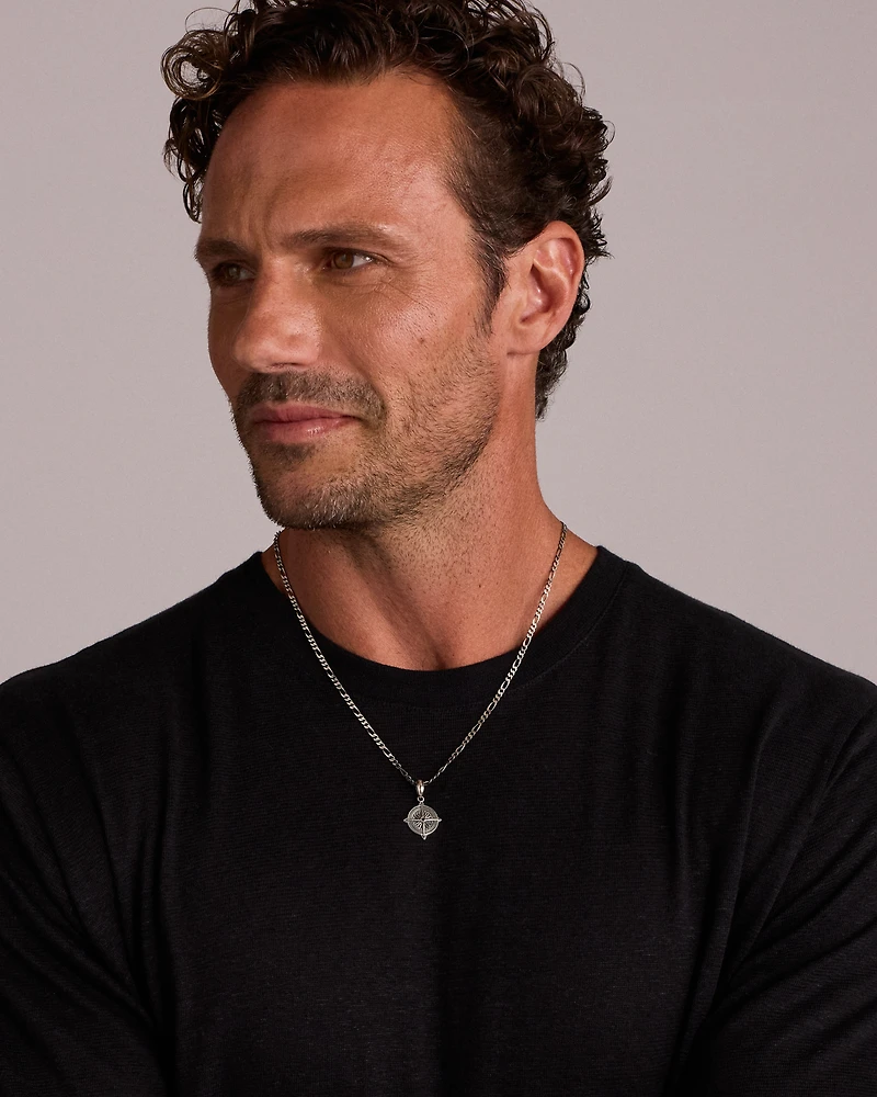 Black Diamond Compass Pendant in Sterling Silve