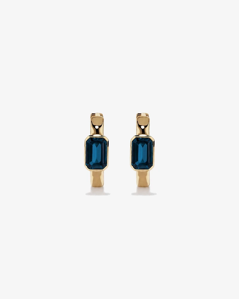 London Blue Topaz Bezel Huggie Earrings in 10kt Yellow Gold
