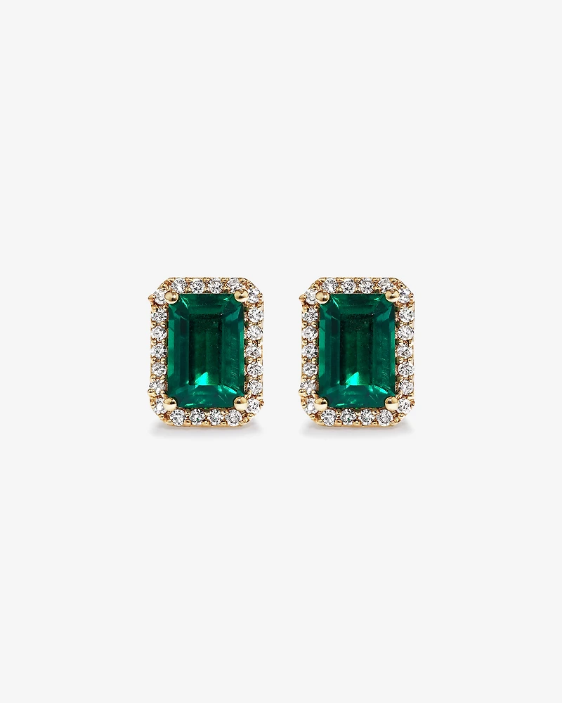 Boucles d'oreilles en or jaune 10 carats avec halo de diamants et émeraude verte synthétique taille émeraude