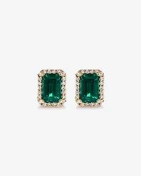 Boucles d'oreilles en or jaune 10 carats avec halo de diamants et émeraude verte synthétique taille émeraude