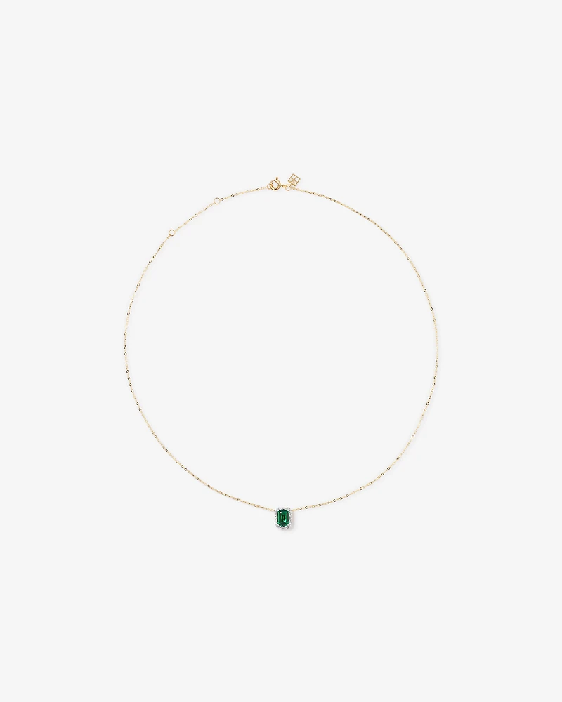 Emerald Cut Green Created Emerald and Lab-Grown Diamond Halo Stud Earrings and Pendant Necklace Set in 10kt Yellow Gold and Rhodium