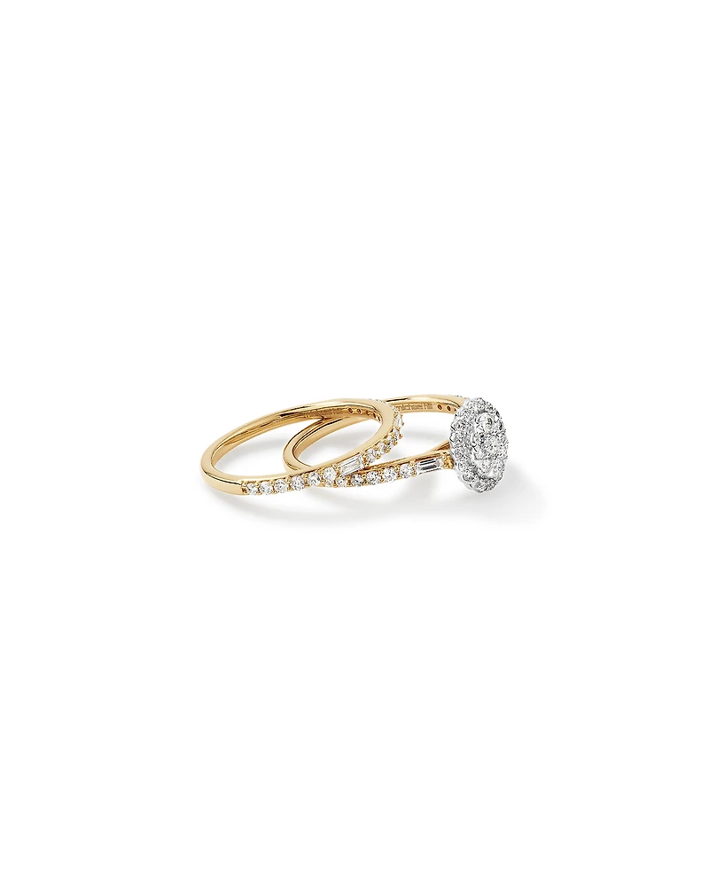 0.75 Carat TW Oval Shaped Cluster Engagement Ring and Wedding Ring Bridal Set in 14kt White and Yellow Gold