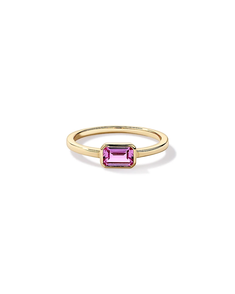 Emerald Cut Pink Created Sapphire East-to-West Set Bezel Ring 10kt Yellow Gold
