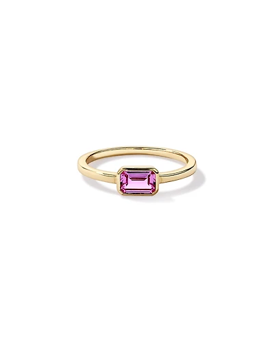 Emerald Cut Pink Created Sapphire East-to-West Set Bezel Ring 10kt Yellow Gold