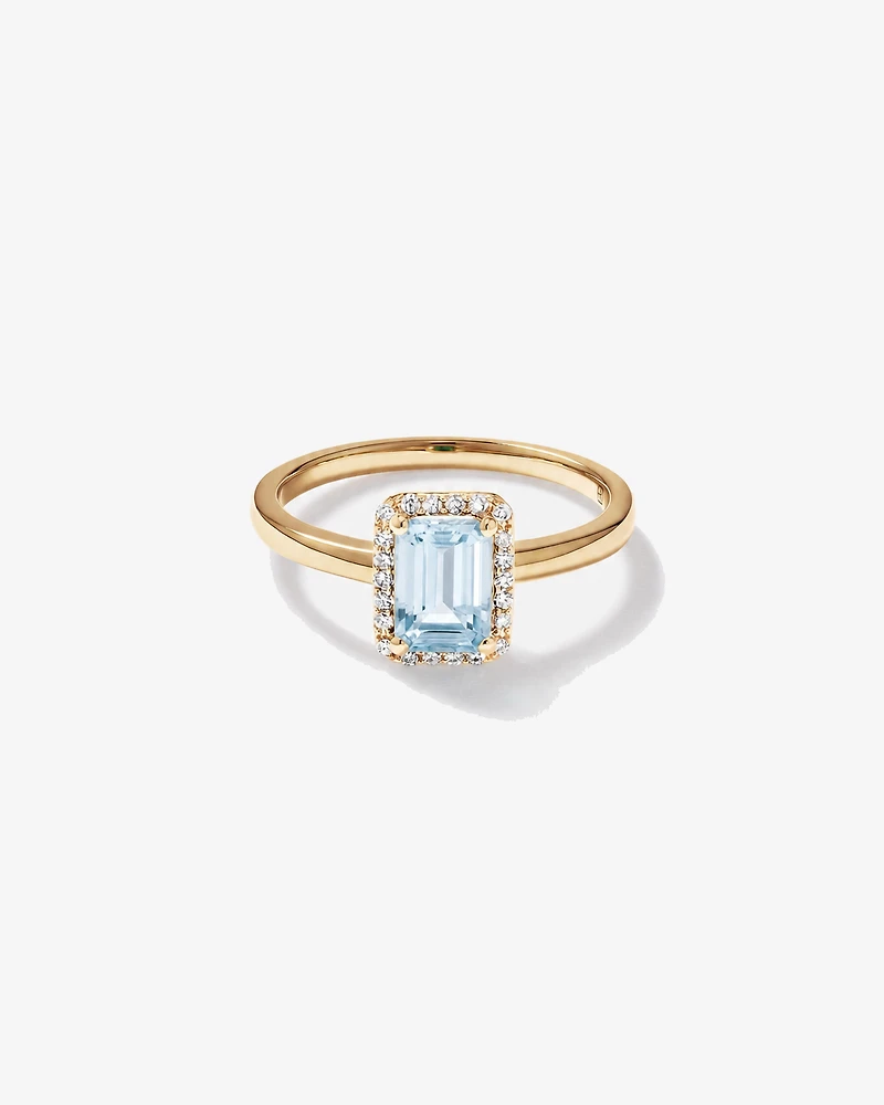 Emerald Cut Aquamarine and Diamond Halo Ring 10kt Yellow Gold