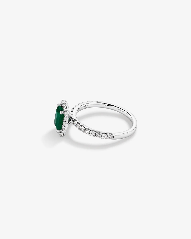 Emerald Cut Green Emerald Gemstone and 0.60 Carat TW Diamond Halo Ring in 14kt White Gold
