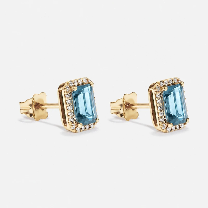 Boucles d'oreilles halo Topaze bleue taille émeraude avec diamants en or jaune 10 ct
