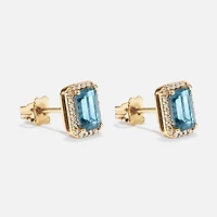 Boucles d'oreilles halo Topaze bleue taille émeraude avec diamants en or jaune 10 ct