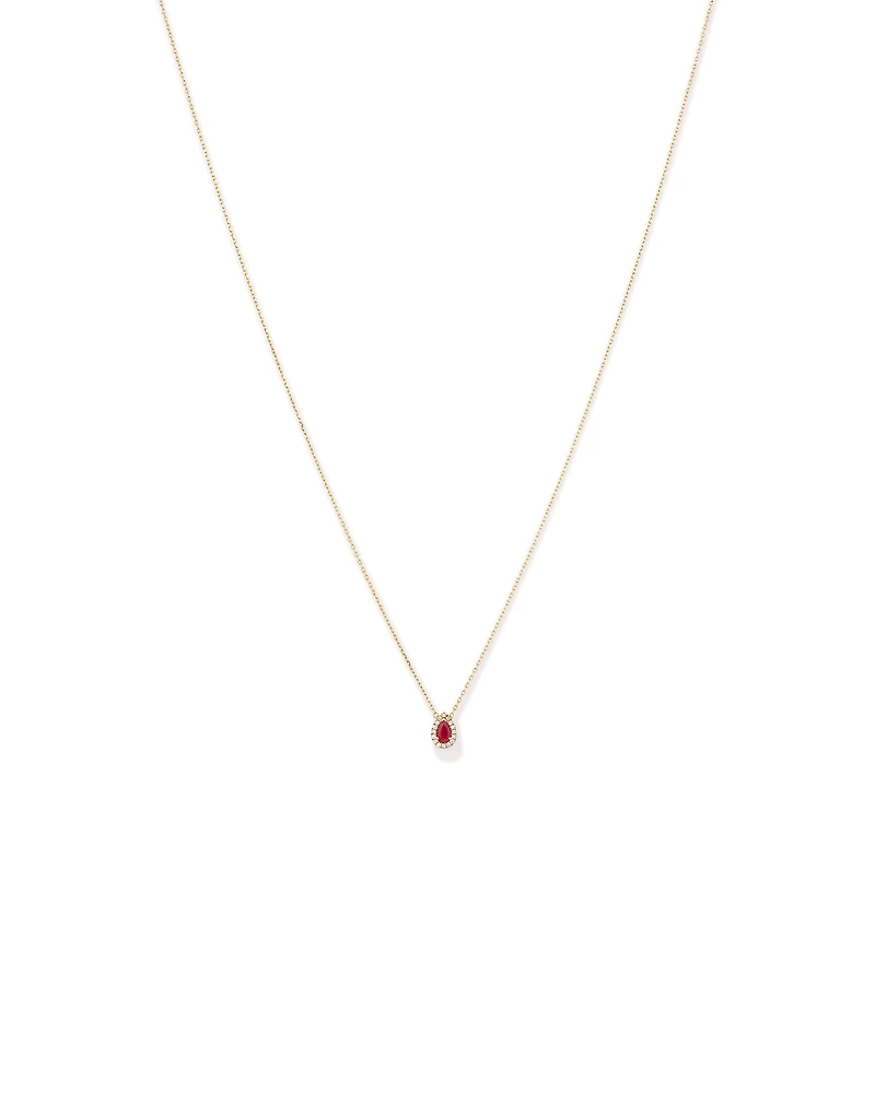 Pear Cut Red Ruby Gemstone and 0.05 Carat TW Diamond Halo Necklace in 10kt Yellow Gold