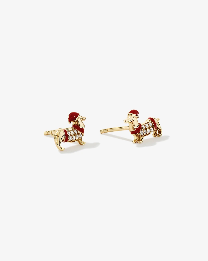 Dachshund Stud Earrings with Cubic Zirconia in 10kt Yellow Gold