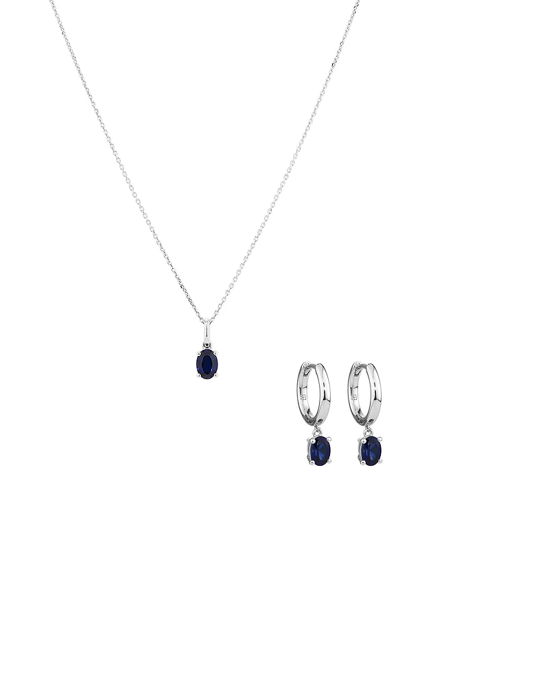 Oval Cut Blue Created Sapphire Gemstone Hoop Earrings and Pendant Necklace Set in Sterling Silver