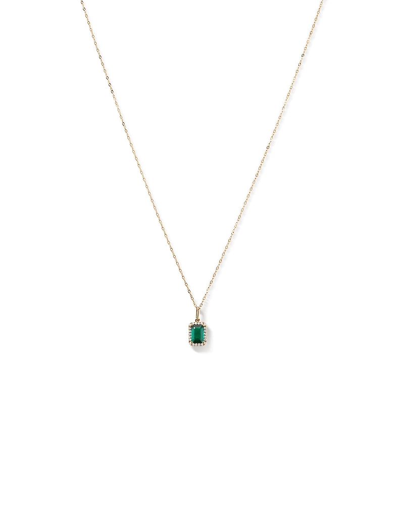 Emerald Cut Green Created Emerald Gemstone and  Diamond Halo Pendant with Chain in 10kt Yellow Gold