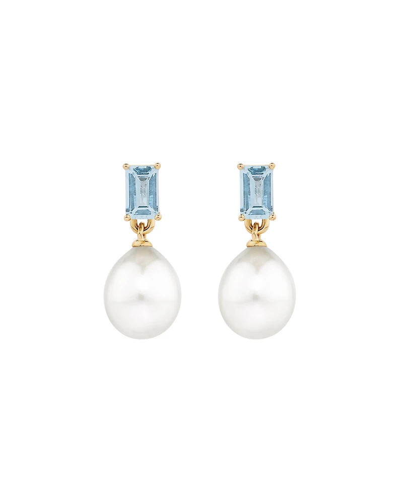 Multi-Wear Aquamarine and Cultured Freshwater Pearl Drop Stud Earrings in 10kt Yellow Gold