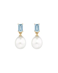 Multi-Wear Aquamarine and Cultured Freshwater Pearl Drop Stud Earrings in 10kt Yellow Gold