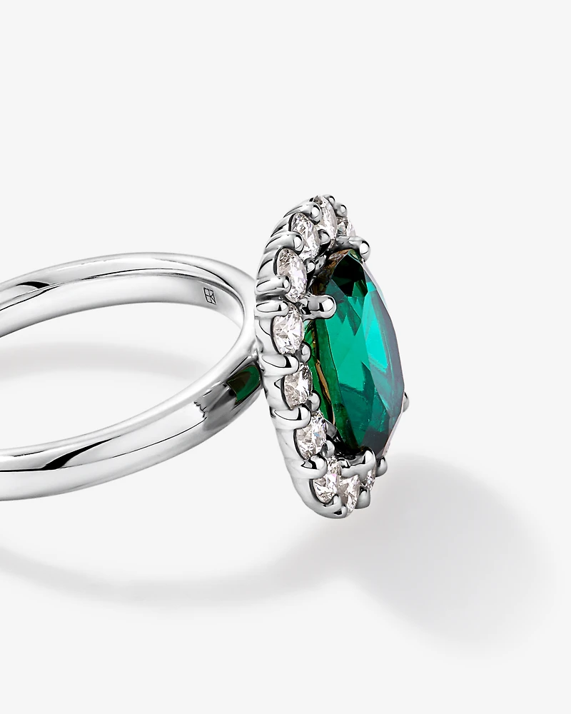 Created Emerald & 0.96 Carat TW Laboratory-Grown Diamond Halo Ring 10kt Gold