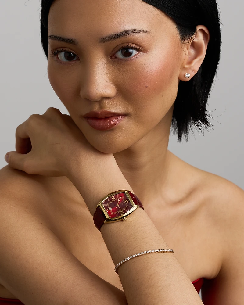 Gold-Tone Lunar New Year Watch with Red Leather Strap