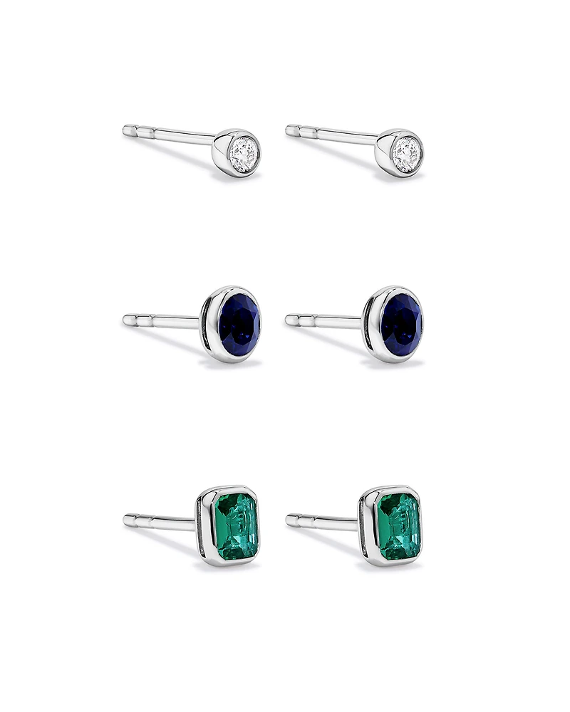 Laboratory-Grown Diamond, Created Emerald & Created Sapphire Stud Gift Set in Silver