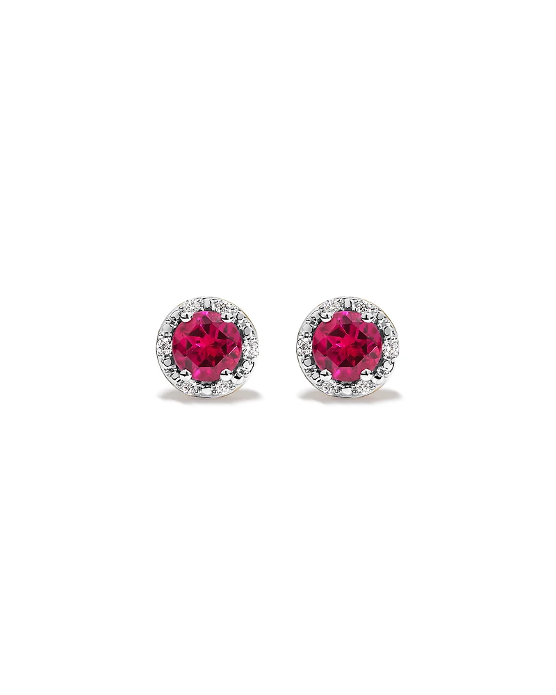 Round Cut Red Created Ruby and Lab-Grown Diamond Halo Stud Earrings and Pendant Necklace Set in 10kt Yellow & Rhodium