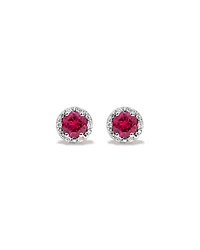 Round Cut Red Created Ruby and Lab-Grown Diamond Halo Stud Earrings and Pendant Necklace Set in 10kt Yellow & Rhodium
