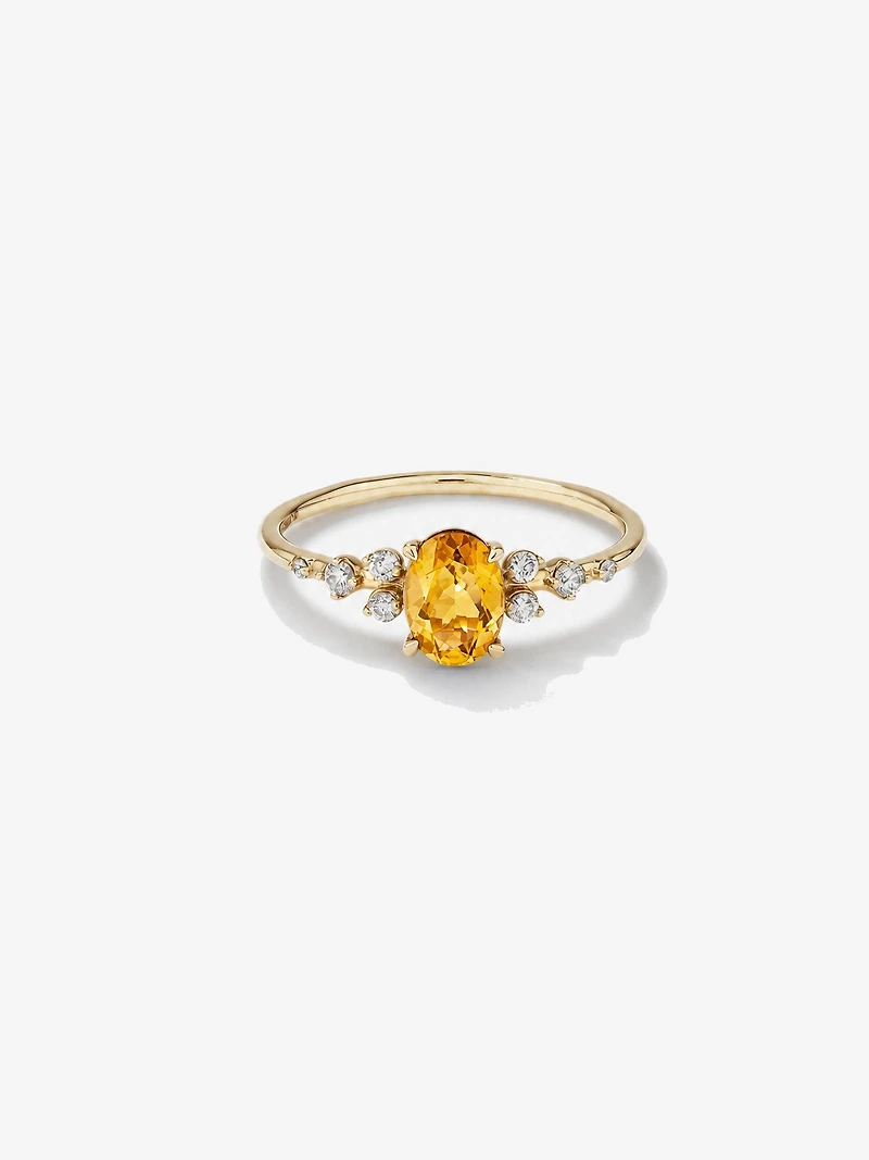 Bague en or jaune 10 carats avec citrine et diamants (poids total de 0,12 carat)