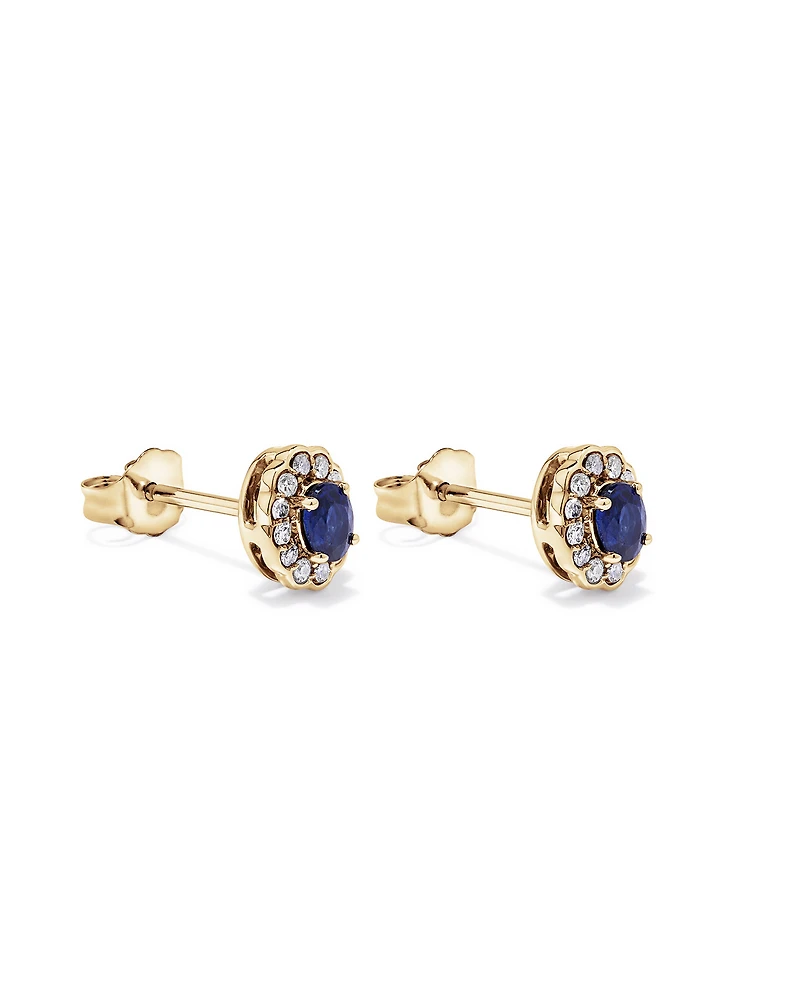 Boucles d’oreilles halo en diamant TW en saphir australien et 0,12 carat en or jaune 10 carats