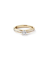 Bague de Fiançailles avec Accent Latéral en Diamant Rond Brillant et Baguette 0,77 Carat TW, et Princesse avec Halo Caché en Or Jaune 14 kt