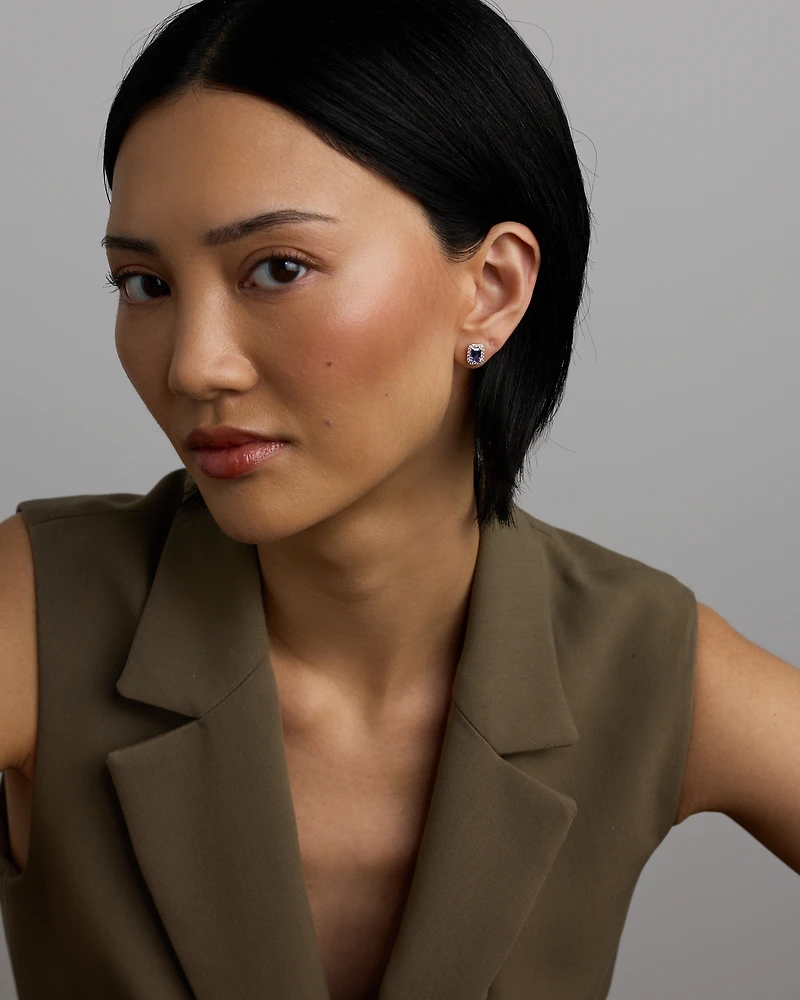 Emerald Cut Blue Tanzanite Gemstone and 0.25Carat TW Diamond Halo Stud Earrings in 14kt White Gold