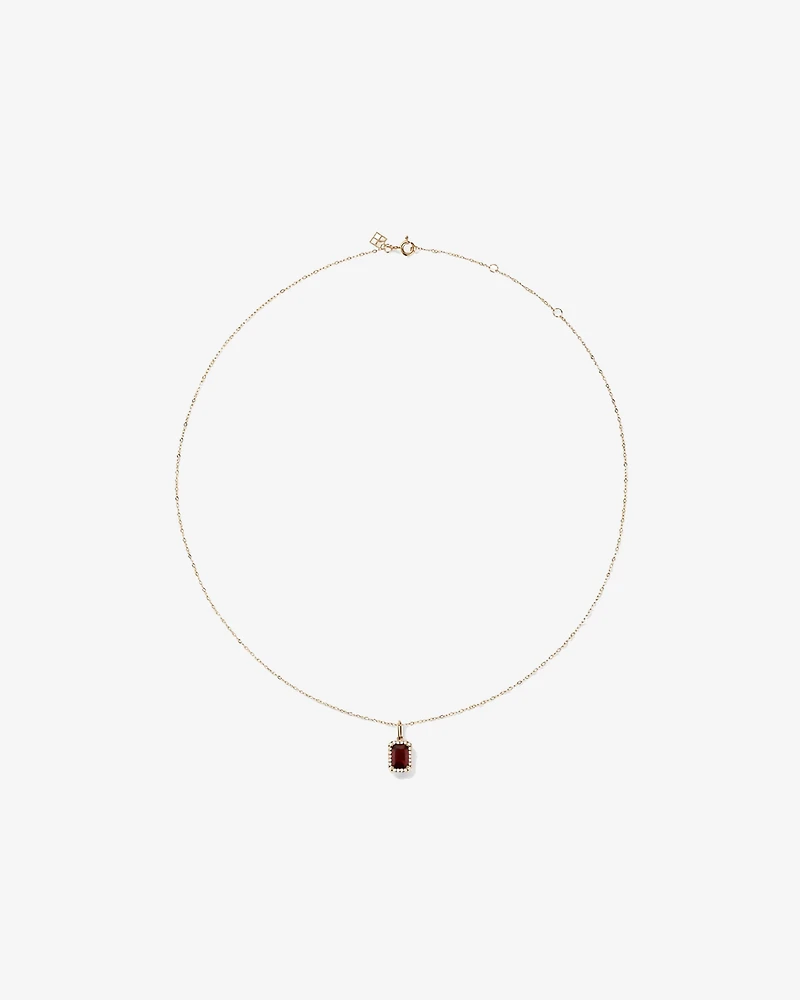Emerald Cut Garnet and Diamond Halo Pendant with Chain in 10kt Yellow Gold