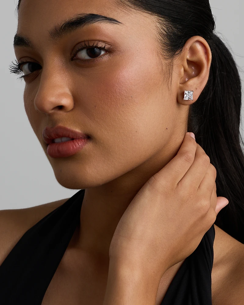 Boucles d'Oreilles Clous en Zircon Cubique Princesse de 7,5 mm en Argent Sterling