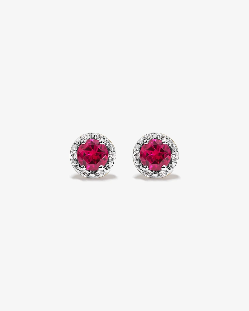 Round Cut Red Created Ruby and Lab-Grown Diamond Halo Stud Earrings and Pendant Necklace Set in 10kt Yellow & Rhodium