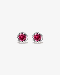 Round Cut Red Created Ruby and Lab-Grown Diamond Halo Stud Earrings and Pendant Necklace Set in 10kt Yellow & Rhodium