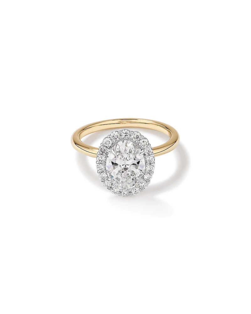Bague de fiançailles Halo en diamant taillée ovale laboratoire 2,34 carats or jaune et blanc 14