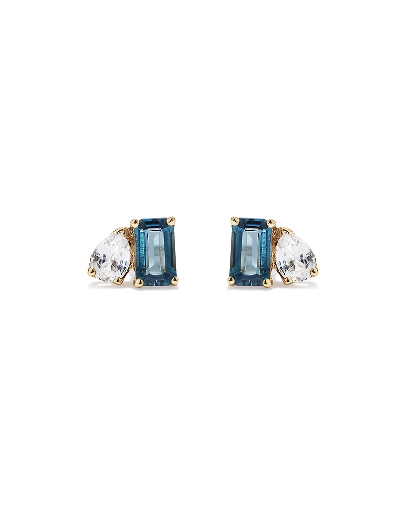Pear-Cut White Sapphire and Emerald-Cut London Blue Topaz Toi Et Moi  Earrings in 10kt Yellow Gold