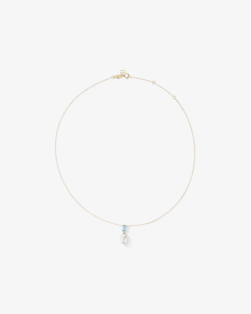 Aquamarine and Cultured Freshwater Pearl Drop Necklace in 10kt Yellow Gold
