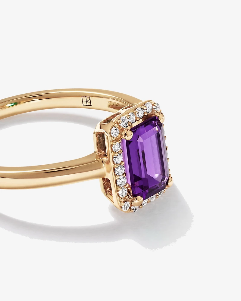 Emerald Cut Amethyst and Diamond Halo Ring 10kt Yellow Gold