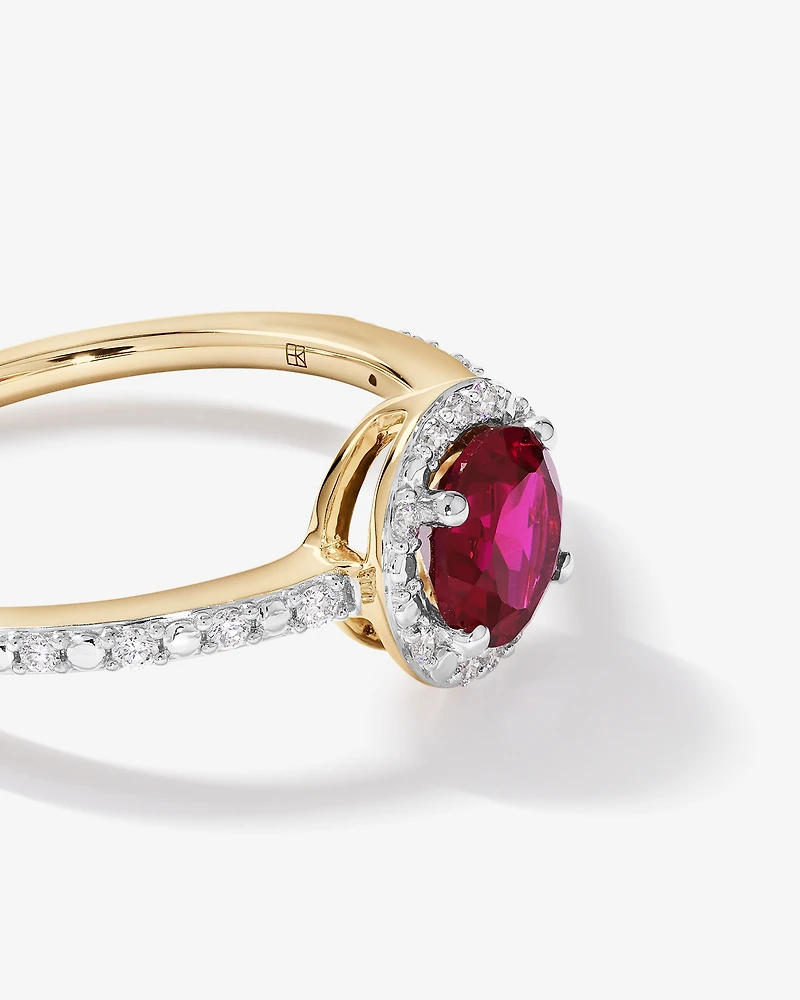 Round Cut Red Created Ruby and Lab-Grown Diamond Halo Ring in 10kt Yellow Gold and Rhodium