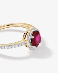 Round Cut Red Created Ruby and Lab-Grown Diamond Halo Ring in 10kt Yellow Gold and Rhodium