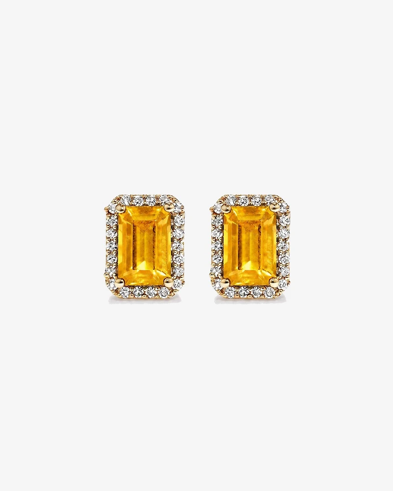 Boucles d'oreilles en or jaune 10 carats avec citrine taille émeraude et halo de diamants