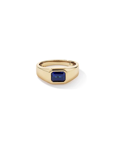 Bezel Set Created Blue Sapphire Solitaire Men's Ring 10kt Yellow Gold