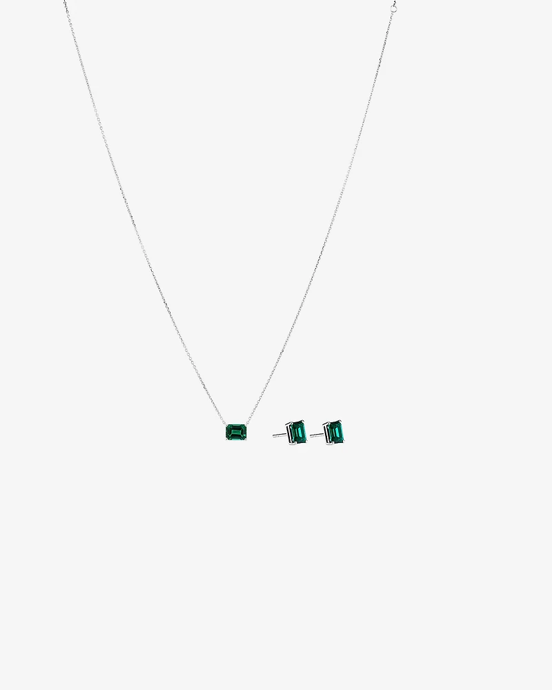 Emerald Cut Green Created Emerald Gemstone Stud Earrings and Pendant Necklace Set in Sterling Silver