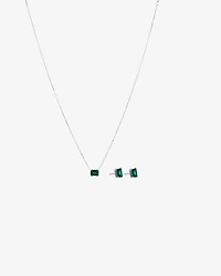 Emerald Cut Green Created Emerald Gemstone Stud Earrings and Pendant Necklace Set in Sterling Silver