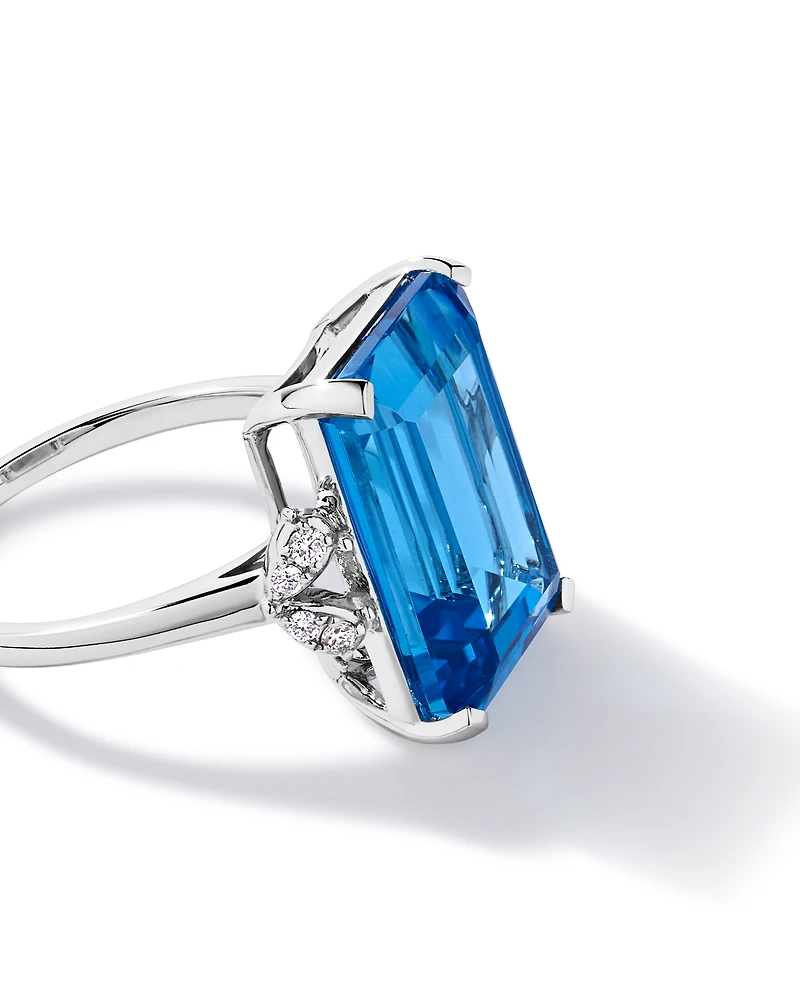 Emerald Cut Swiss Blue Topaz & 0.08 Carat TW Diamond Ring 10kt Gold