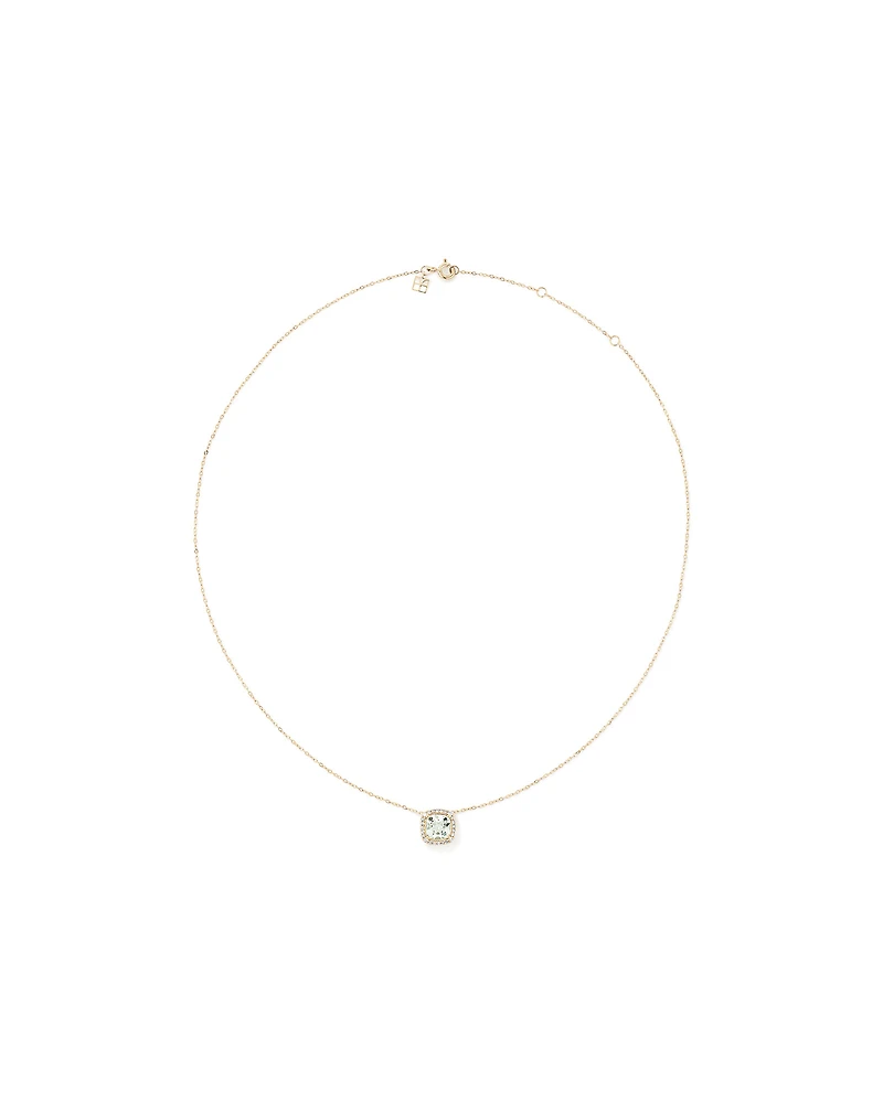 Collier Pendentif Halo Avec Pierre Précieuse Améthyste Verte Taille Coussin Et 0,15 Carat Pt De Diamants En Or Jaune 10 Ct