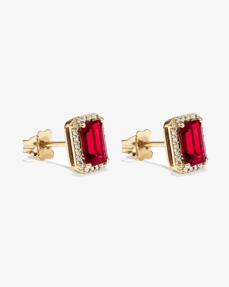 Boucles d'oreilles halo Rubis créé taille émeraude avec diamants en or jaune 10 ct
